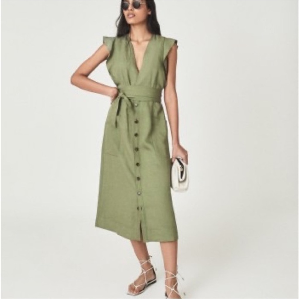 Reiss Linen Emma Elegant Green Button-Down Midi Dress size 0